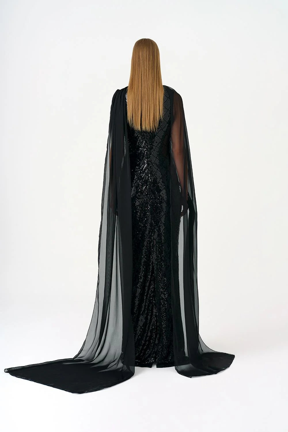 Boat Neck Long Sequin Evening Dress with Cape
