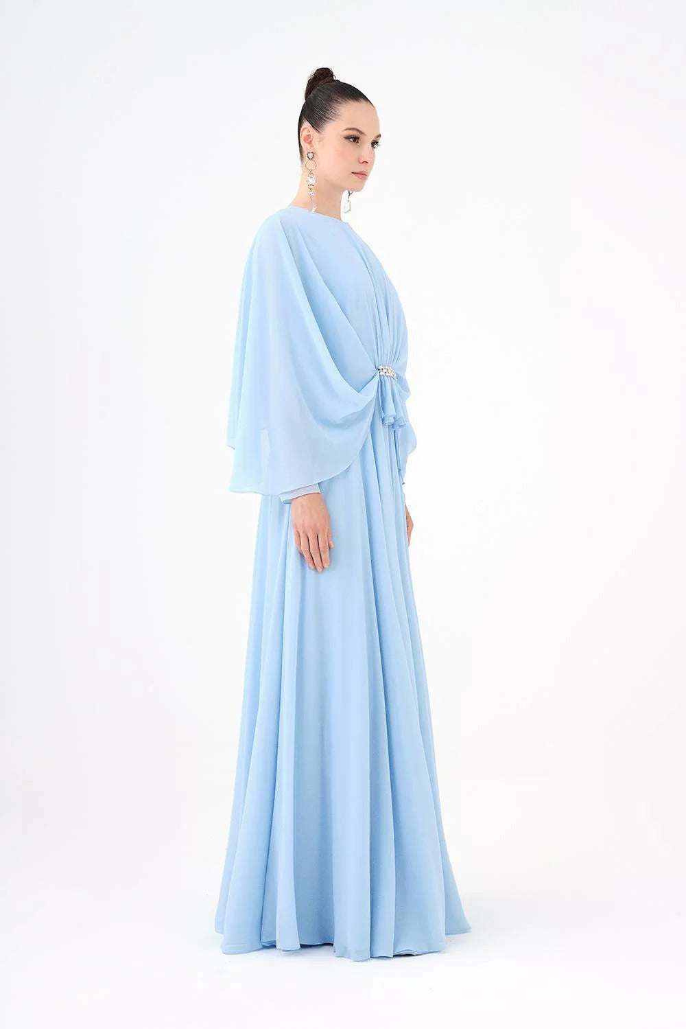 Long-Sleeve Chiffon Evening Dress with Embellished Details