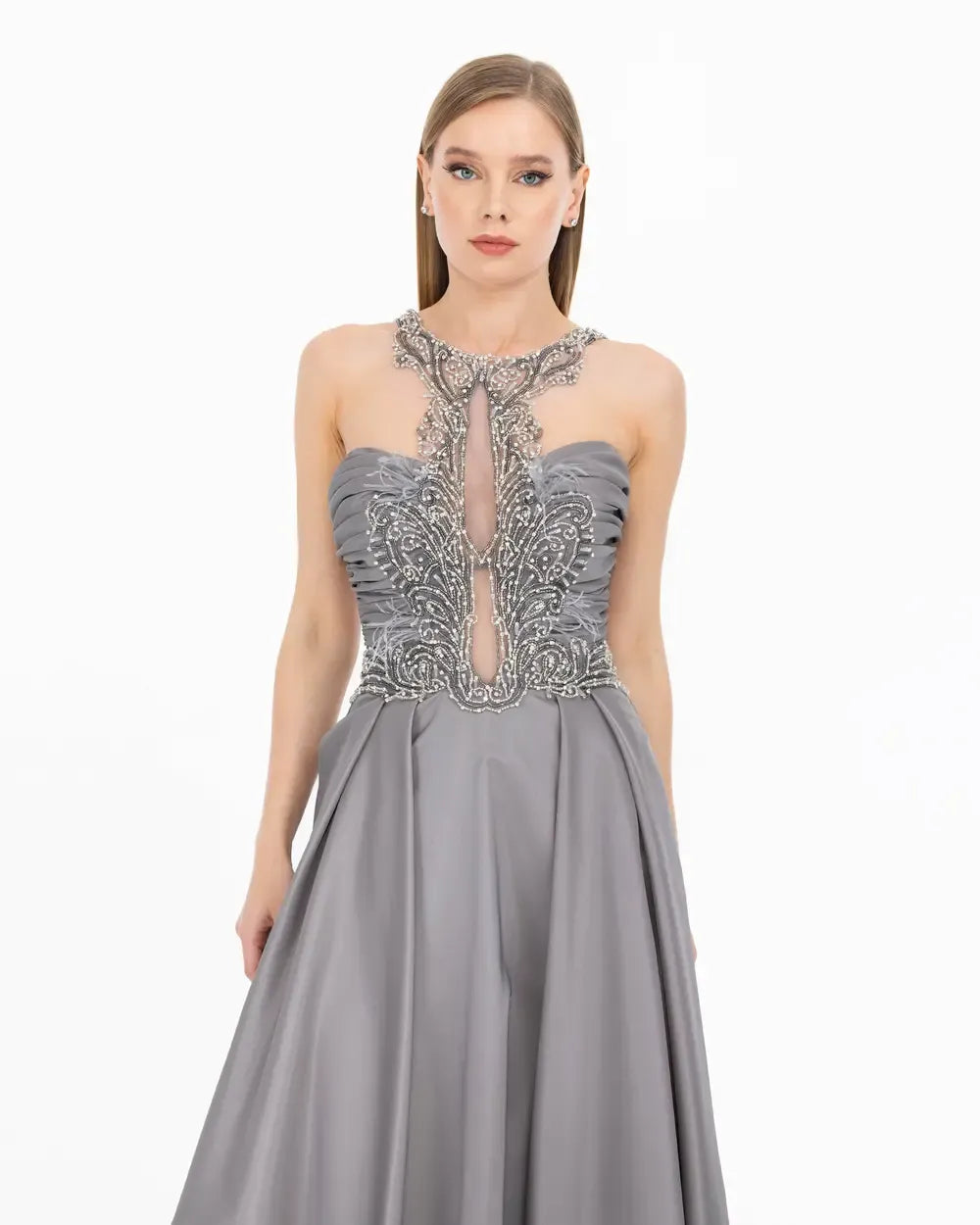 Sleeveless Maxi Evening Dress with Bead Accessories