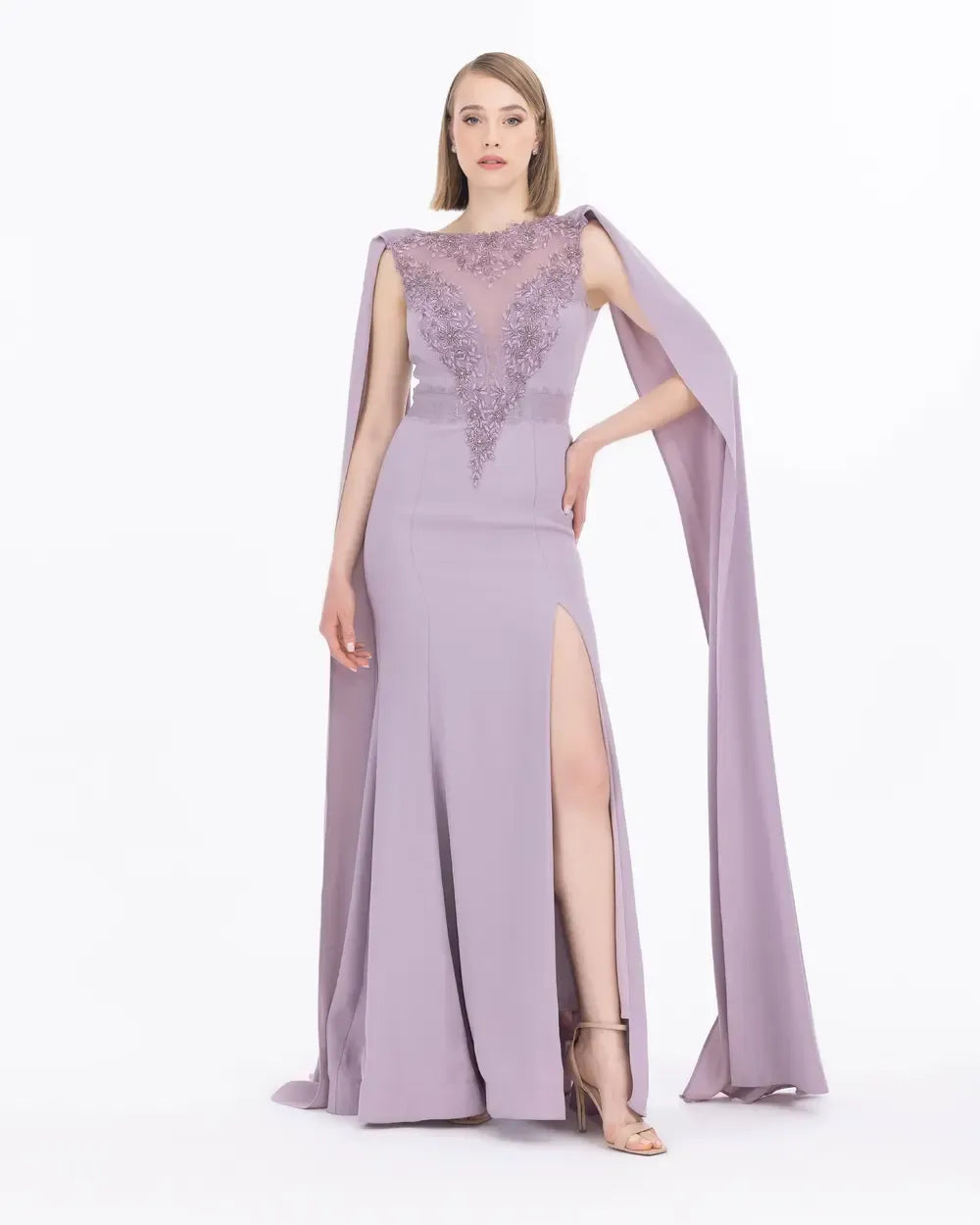 Crepe Evening Dress with Bead Accessories and Slit