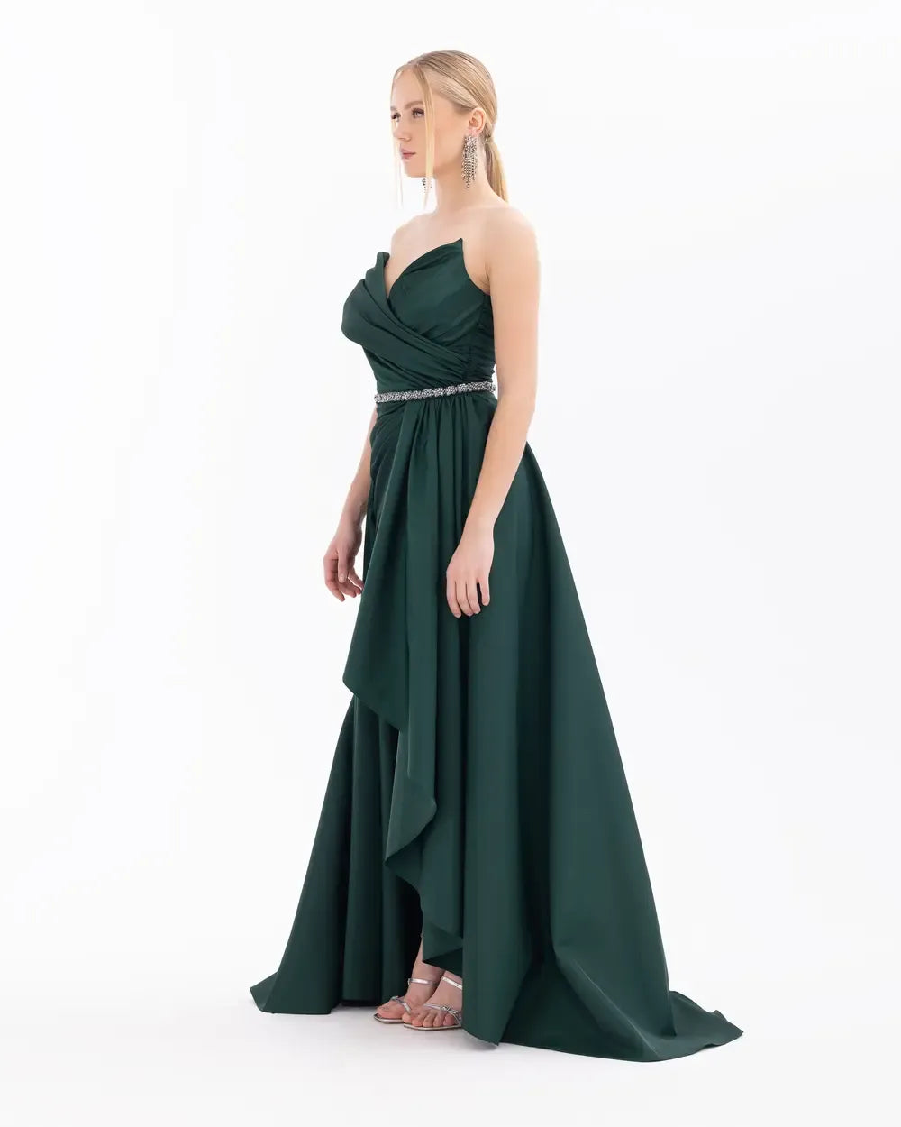 V-Neck Evening Dress with Detachable Skirt and Belt