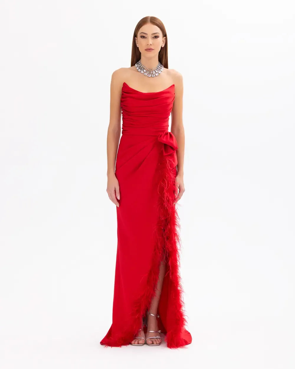 Strapless Evening Dress with Feather Detail and Slit