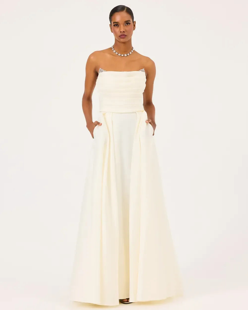 Organza Evening Dress with Bead Detail and Pleated Skirt