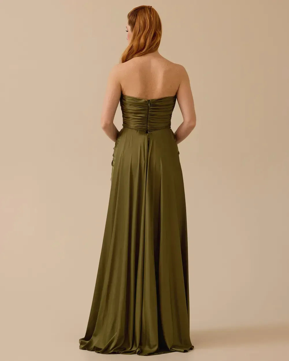 Draped Satin Maxi Evening Dress with High Slit – Khaki