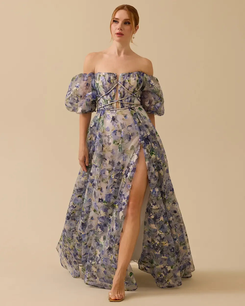 Off-Shoulder Balloon-Sleeve Slit Evening Dress