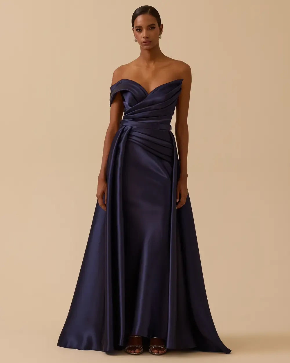 Off-Shoulder Draped Satin Evening Dress