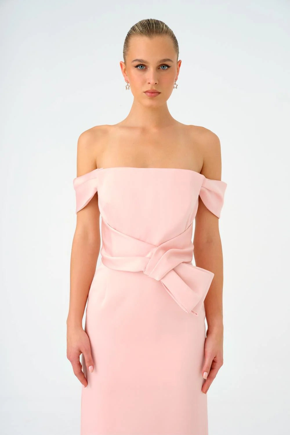 Off-Shoulder Strapless Satin Midi Dress