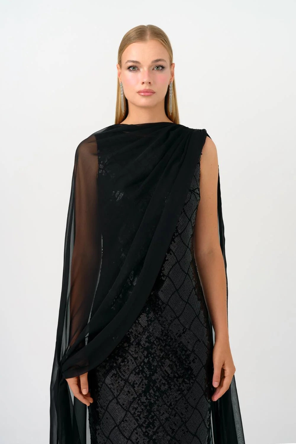 Boat Neck Long Sequin Evening Dress with Cape