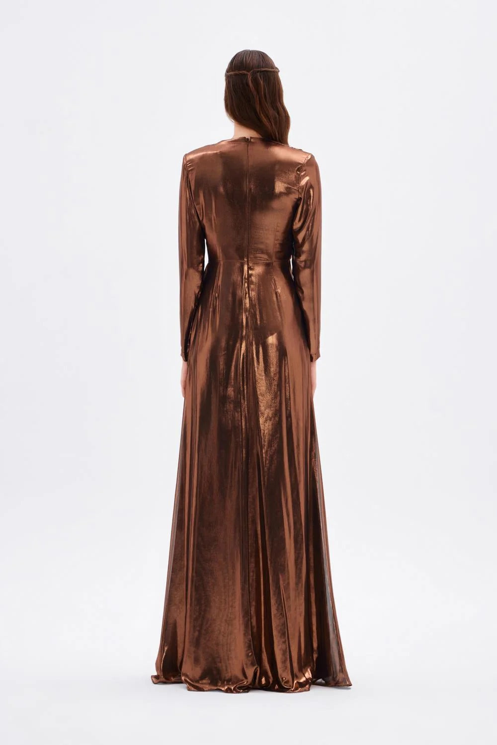 Long Sleeve V-Neck Ruched Maxi Evening Dress