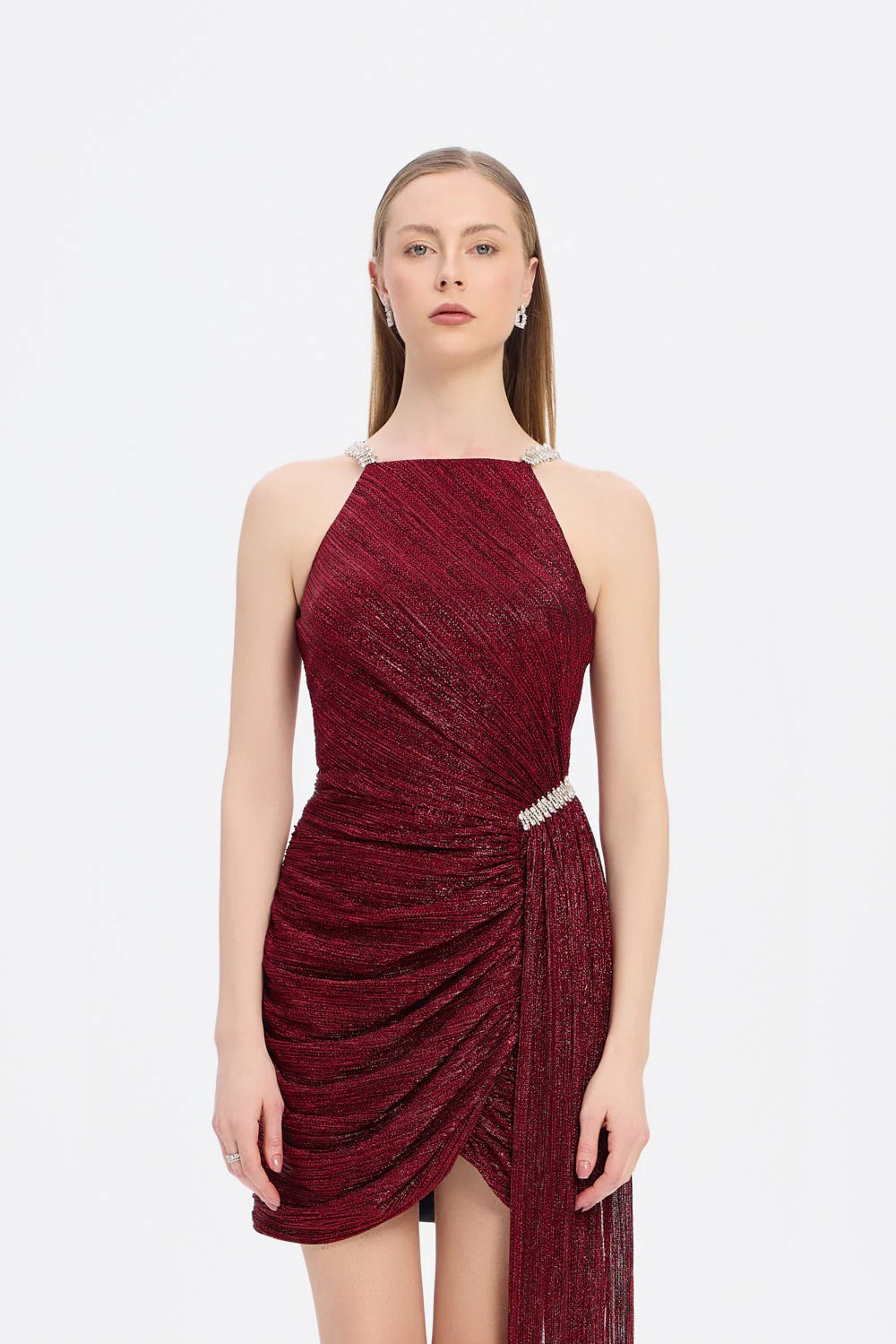 Embellished Draped Mini Evening Dress