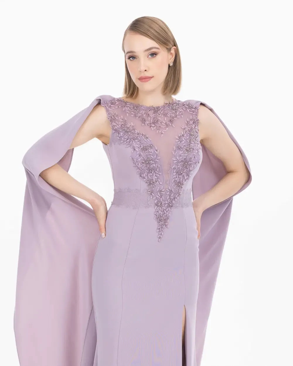 Crepe Evening Dress with Bead Accessories and Slit