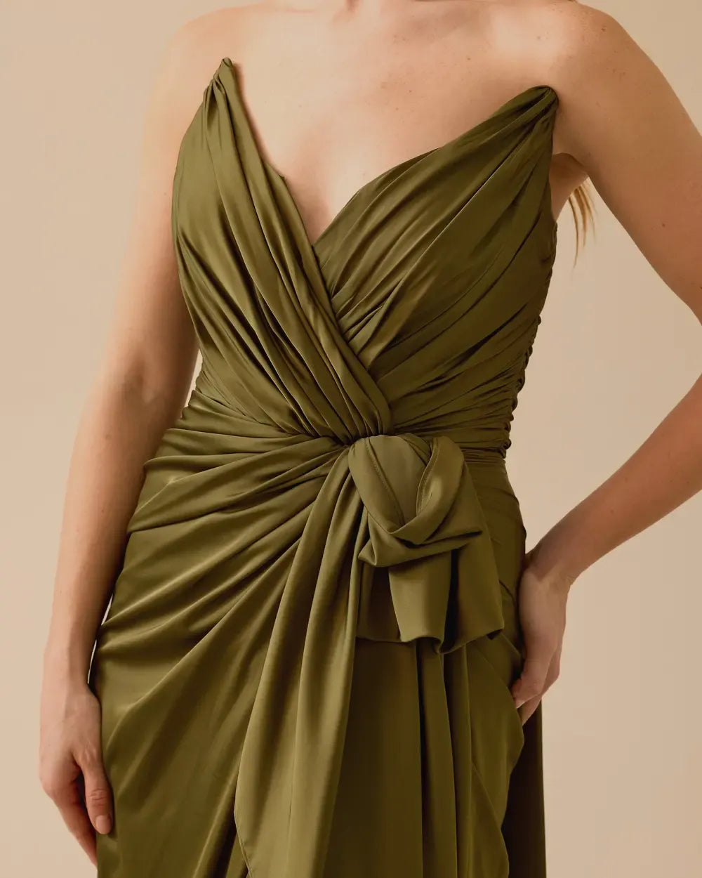 Draped Satin Maxi Evening Dress with High Slit – Khaki
