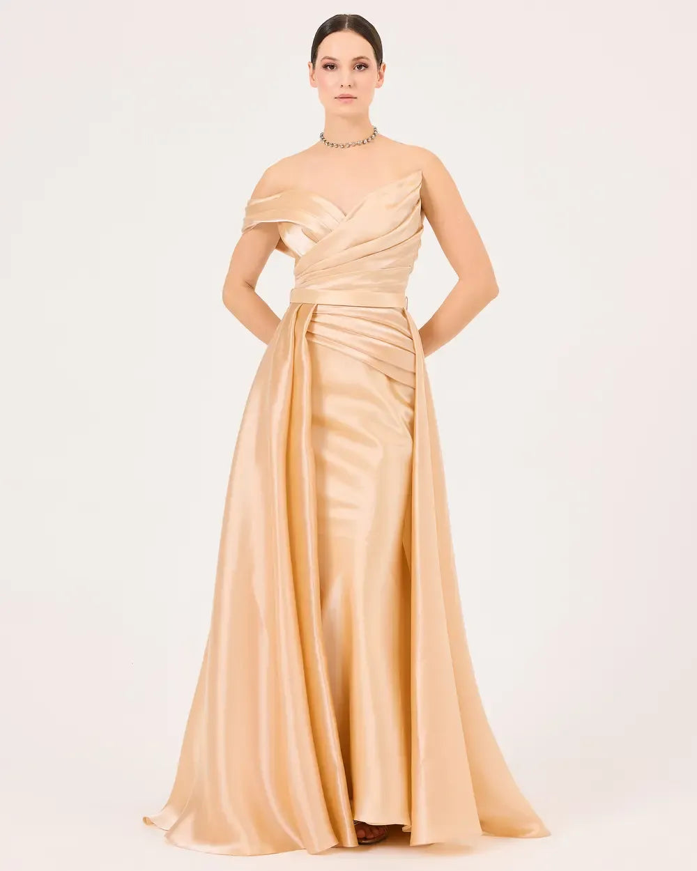 Off-Shoulder Draped Satin Evening Dress
