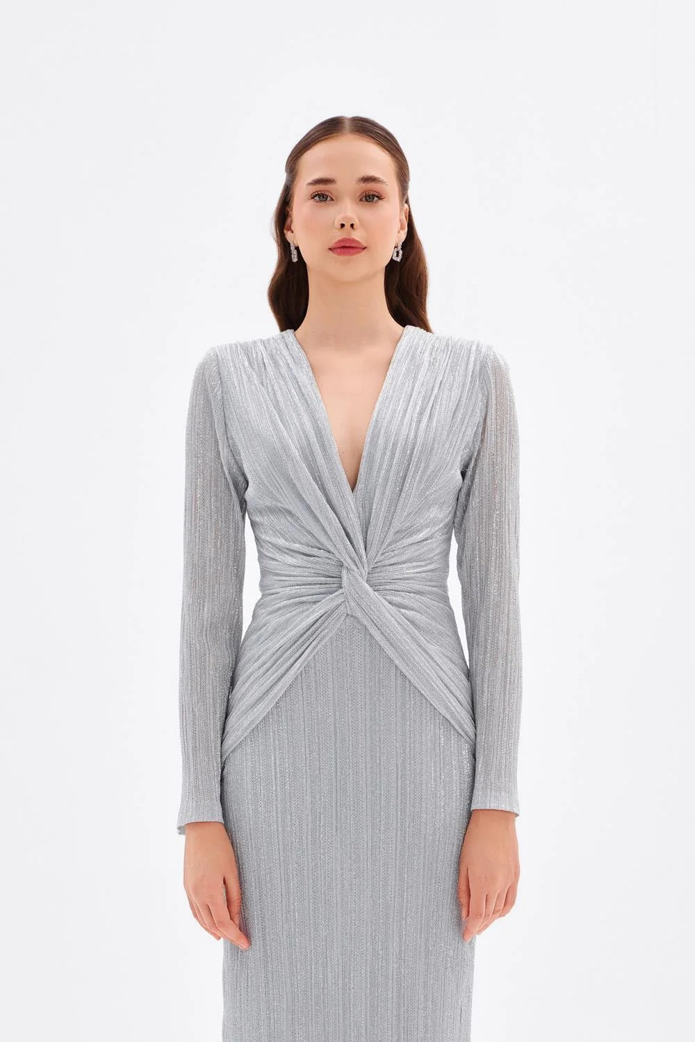 Long Glitter Evening Dress with V-Neck and Knot Detail