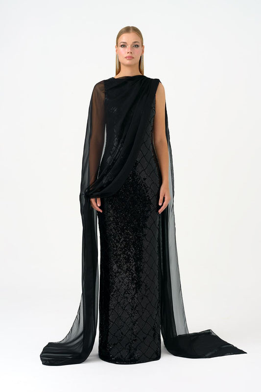 Boat Neck Long Sequin Evening Dress with Cape