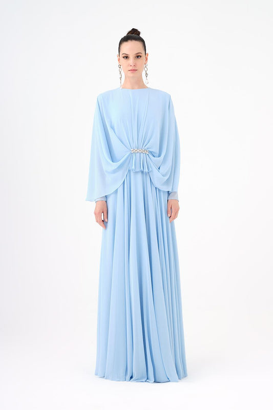 Long-Sleeve Chiffon Evening Dress with Embellished Details