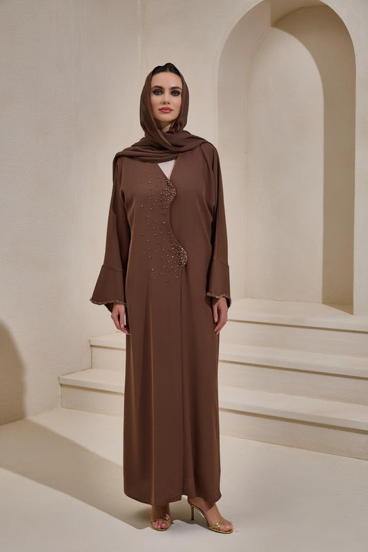 Crystal Embellished Brown Abaya Set with Shawl - sonafey