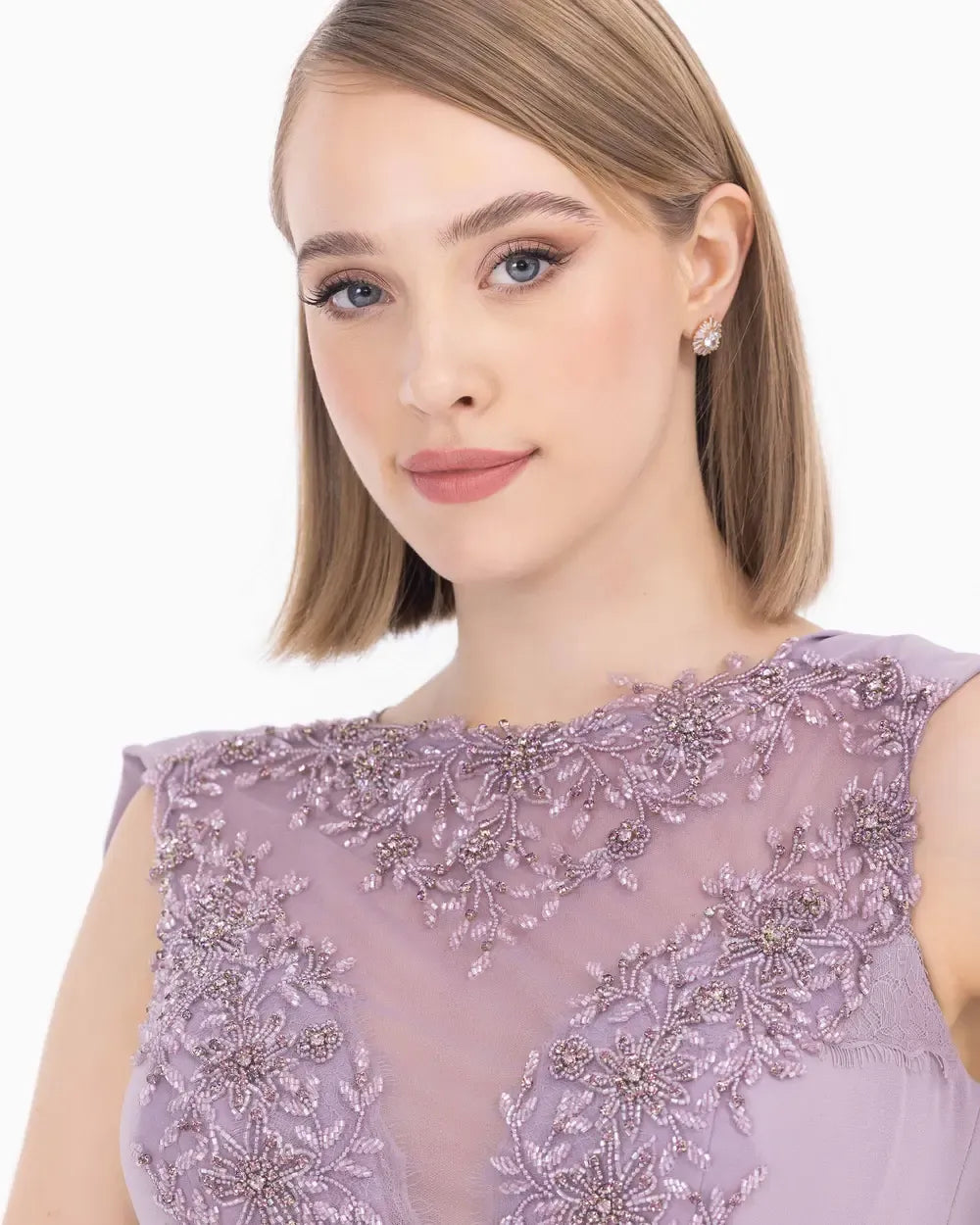 Crepe Evening Dress with Bead Accessories and Slit