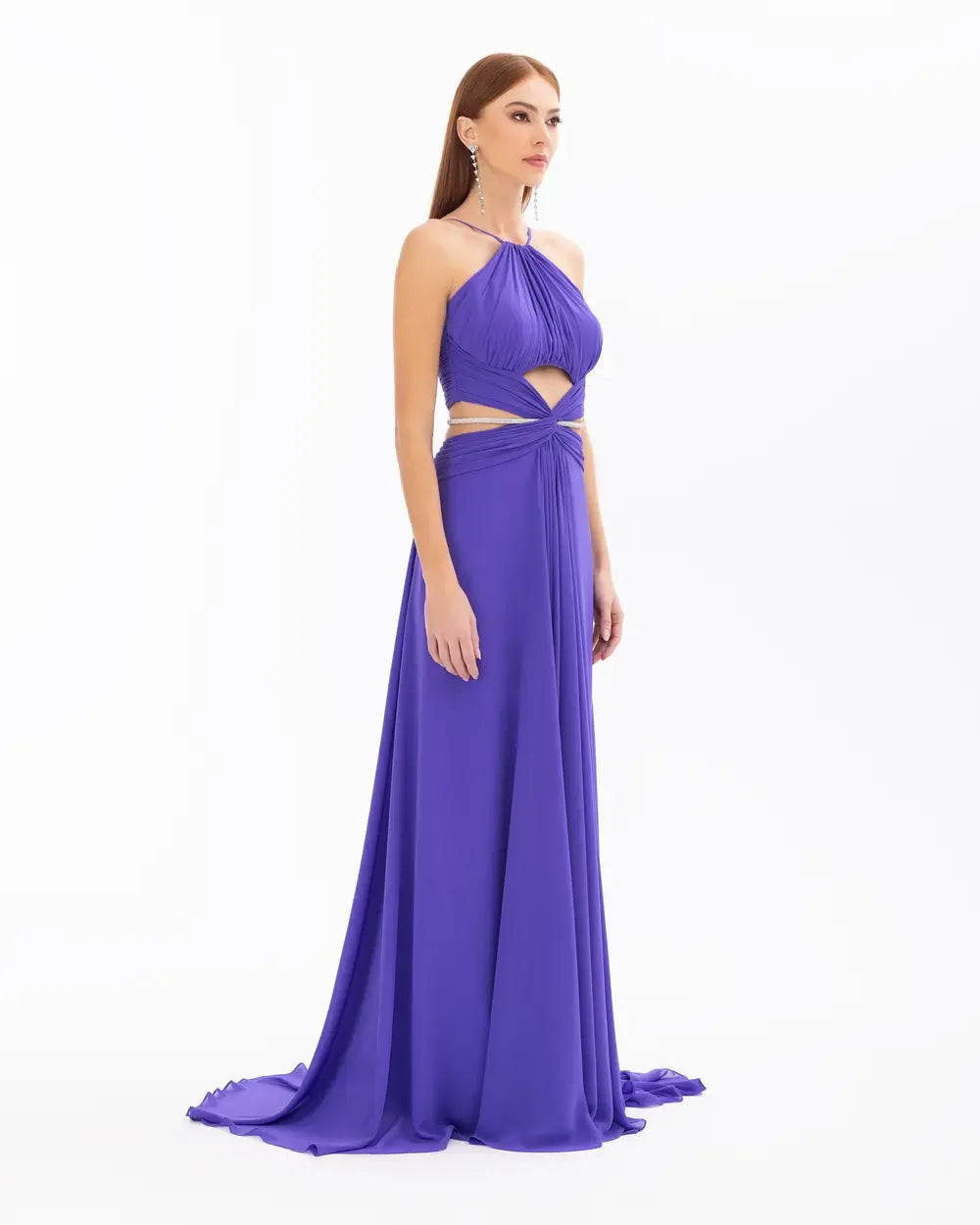 Chiffon Evening Dress with Cut-Out Detail and Bead Embroidery