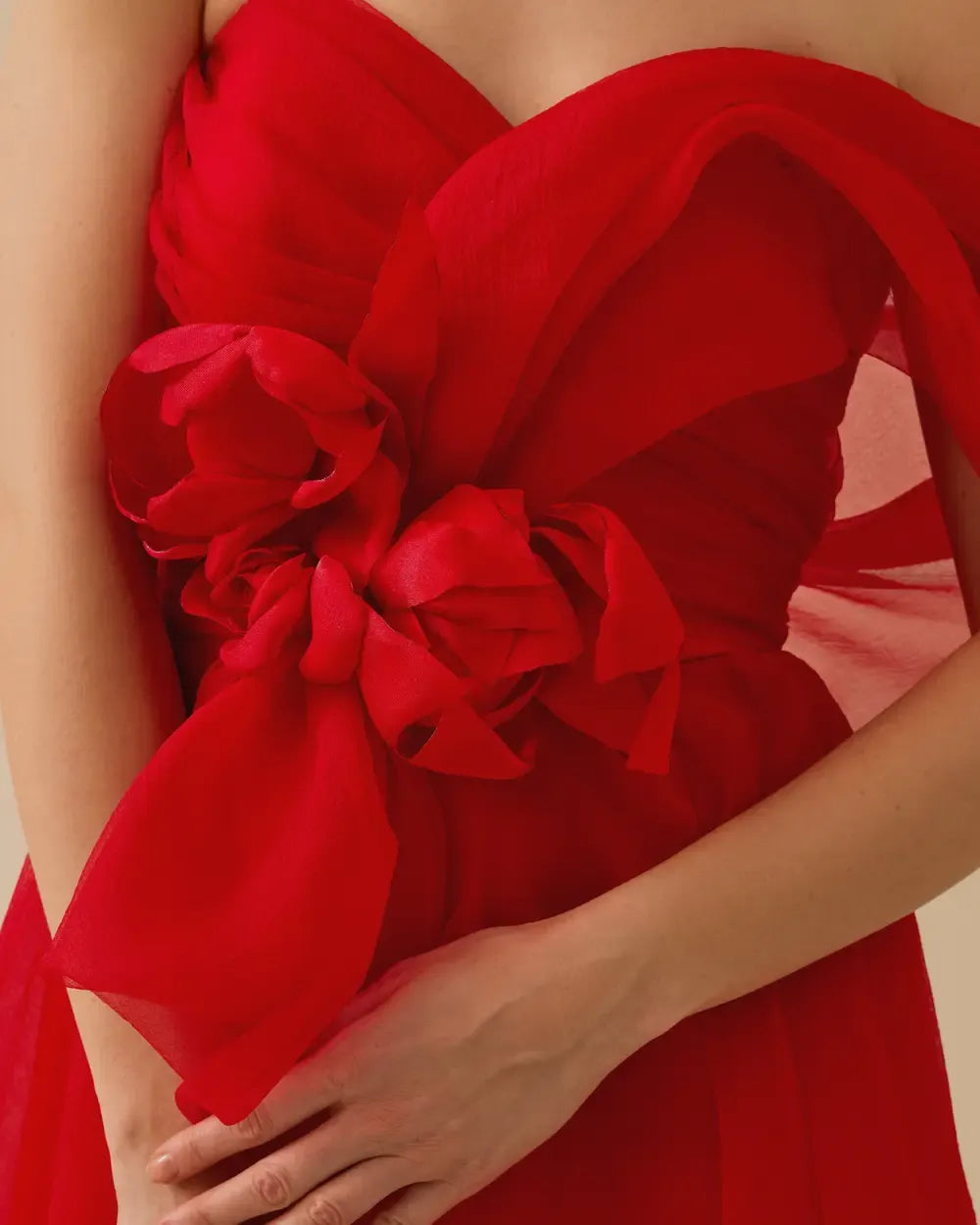 Strapless Organza Maxi Dress with Floral Appliqué & Slit – Red