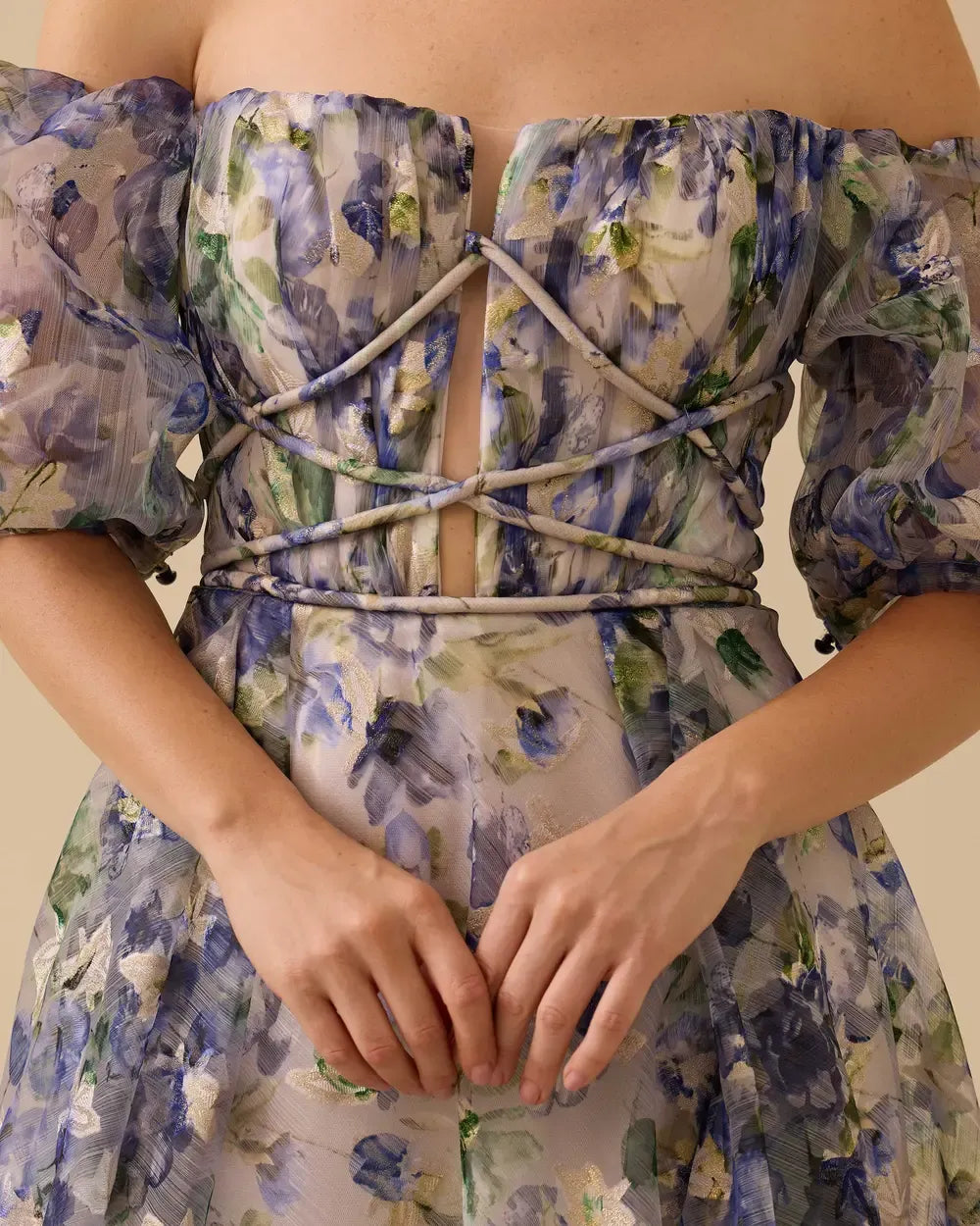 Off-Shoulder Balloon-Sleeve Slit Evening Dress