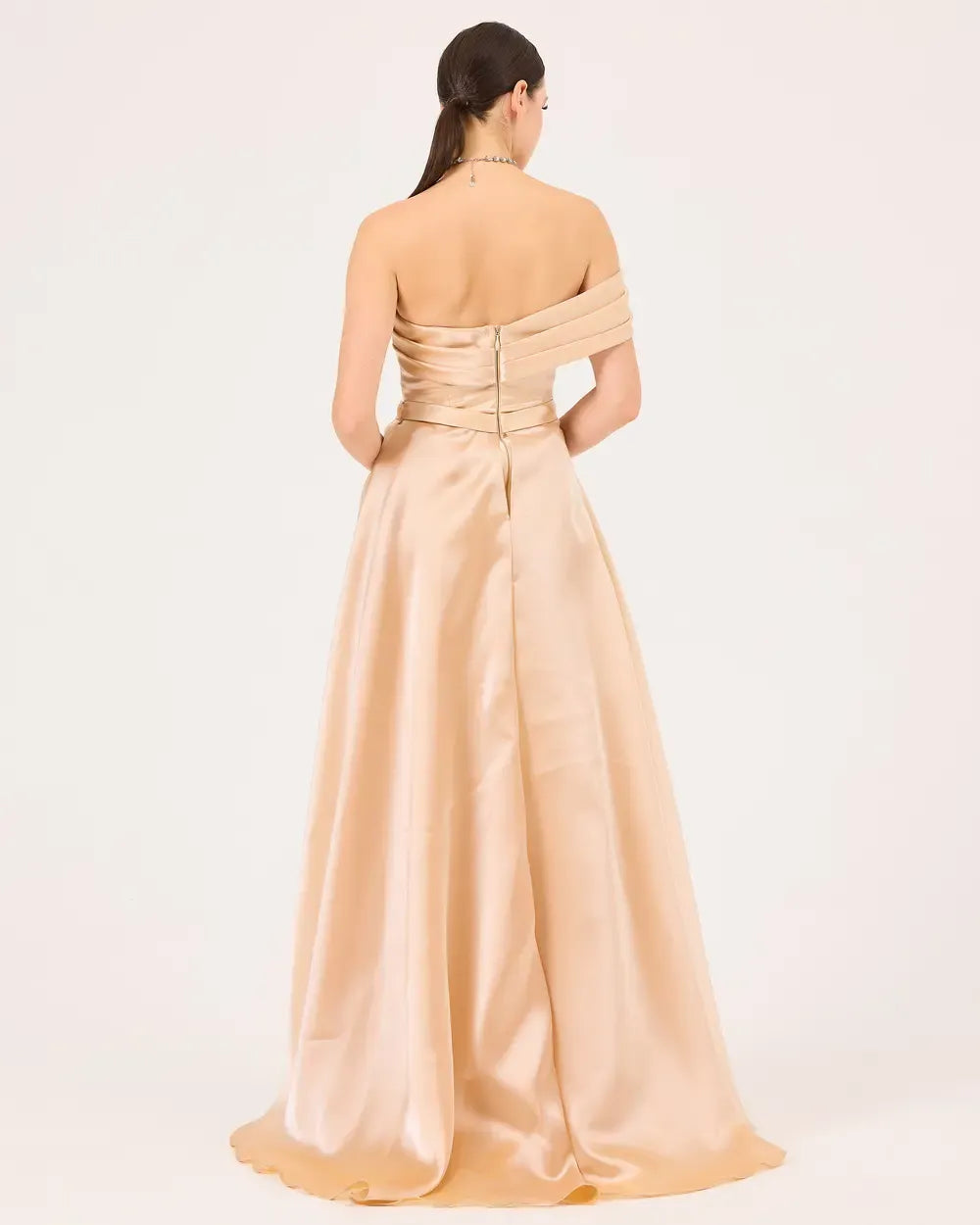 Off-Shoulder Draped Satin Evening Dress
