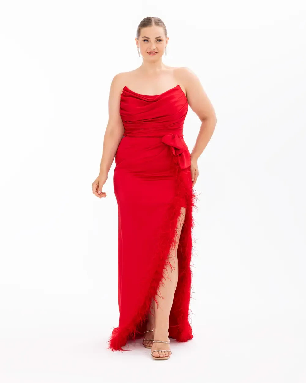 Strapless Evening Dress with Feather Detail and Slit