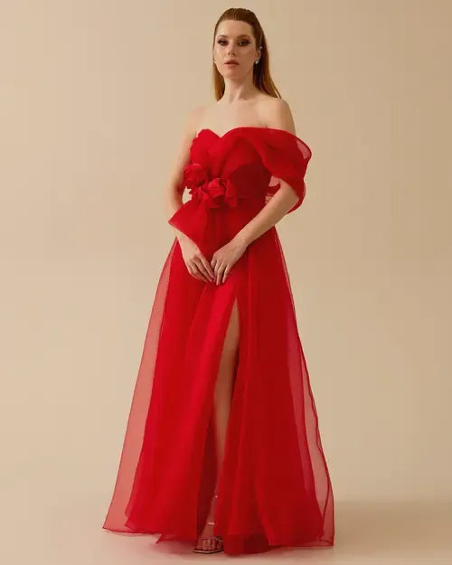 Strapless Organza Maxi Dress with Floral Appliqué & Slit – Red