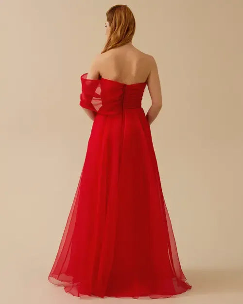 Strapless Organza Maxi Dress with Floral Appliqué & Slit – Red