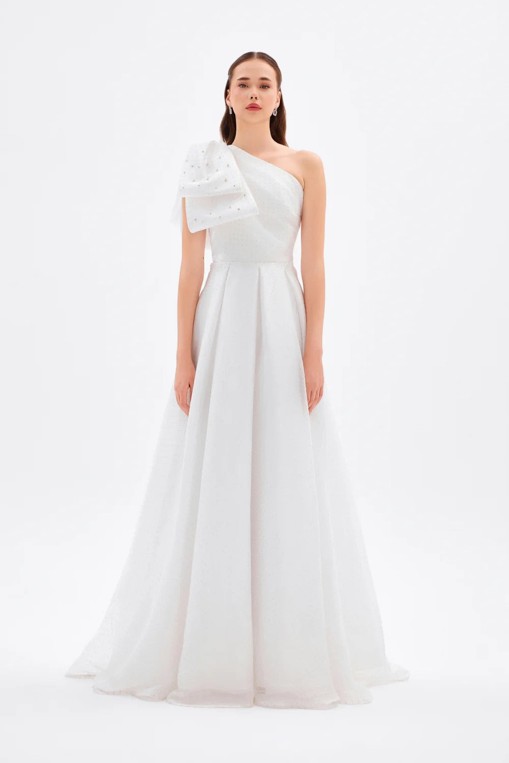 One-Shoulder Long Evening Dress with Bow Detail