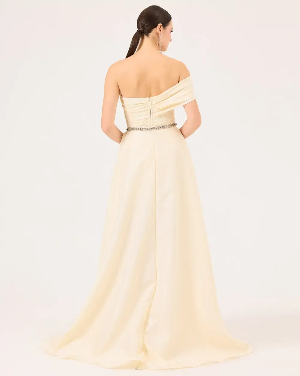 V-Neck Evening Dress with Detachable Skirt and Belt