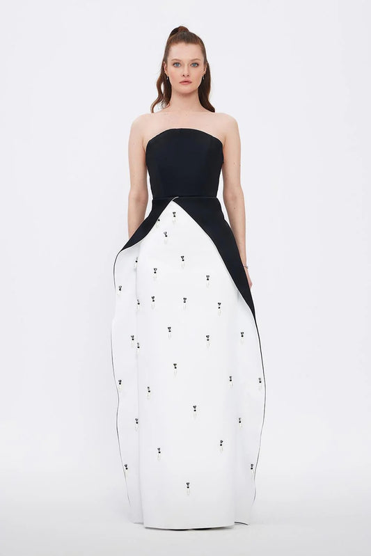 Pearl-Embellished Strapless Straight Evening Gown