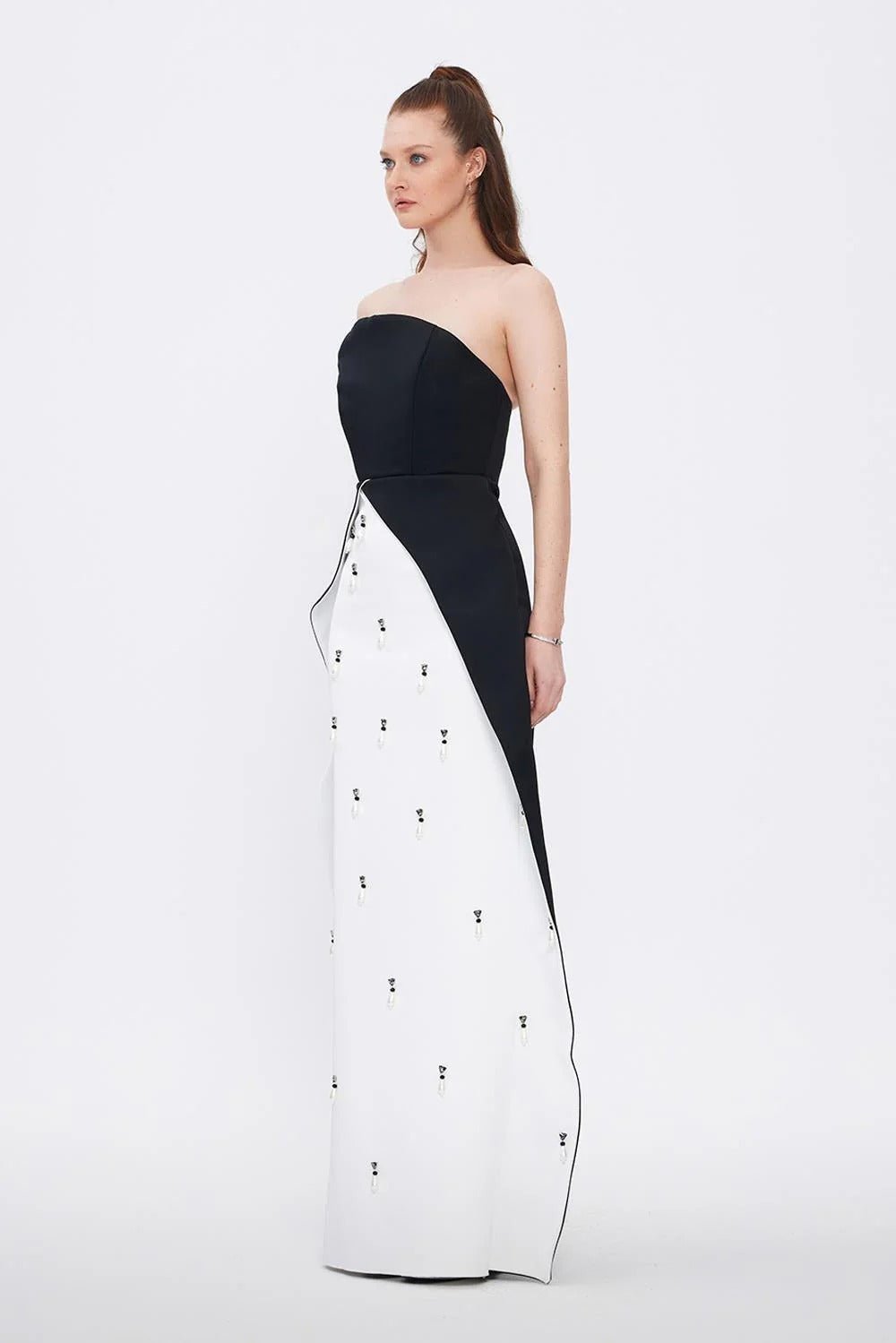 Pearl-Embellished Strapless Straight Evening Gown