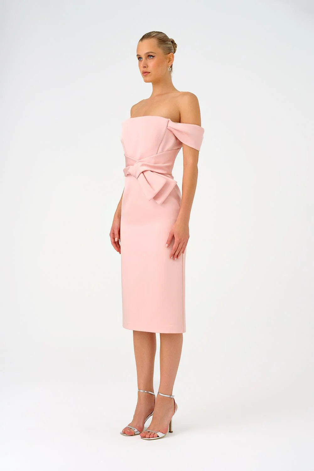 Off-Shoulder Strapless Satin Midi Dress