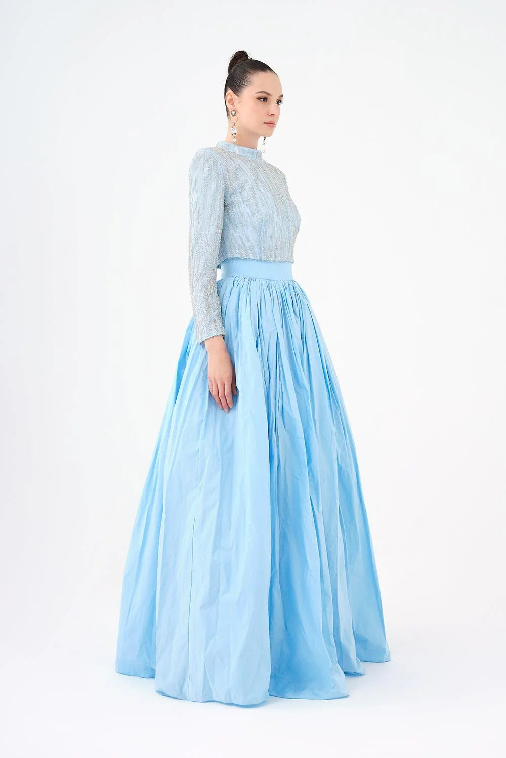 Beaded Long-Sleeve Jacket & Taffeta Skirt Set
