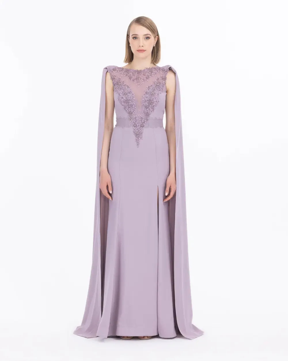 Crepe Evening Dress with Bead Accessories and Slit