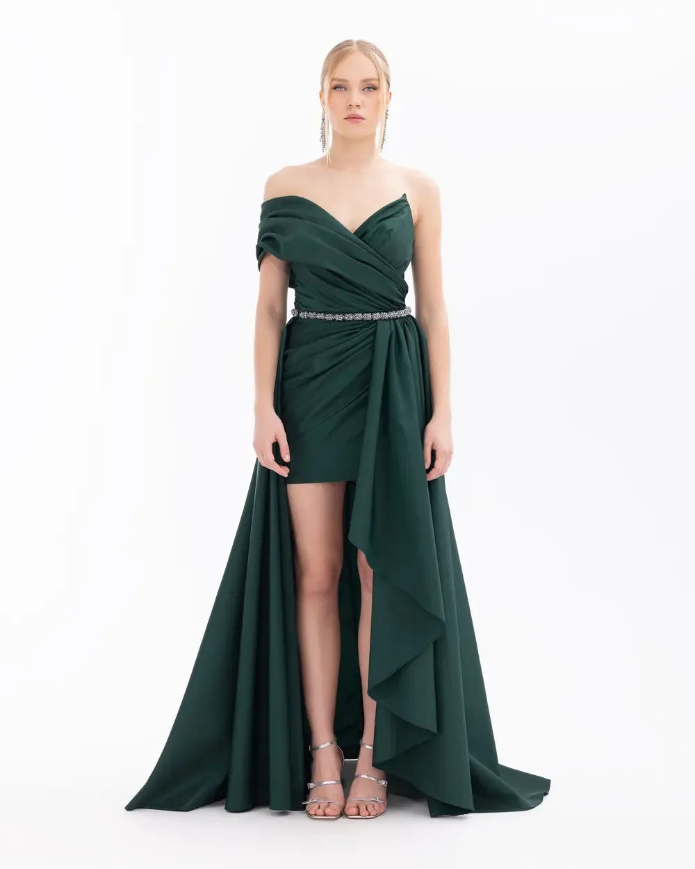 V-Neck Evening Dress with Detachable Skirt and Belt