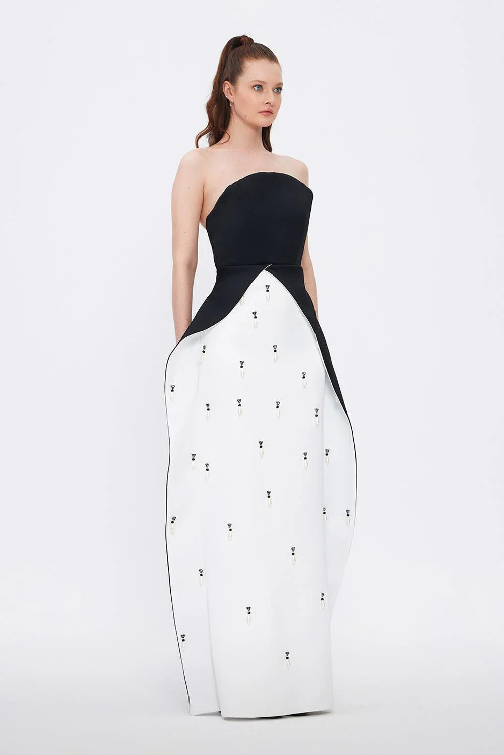 Pearl-Embellished Strapless Straight Evening Gown