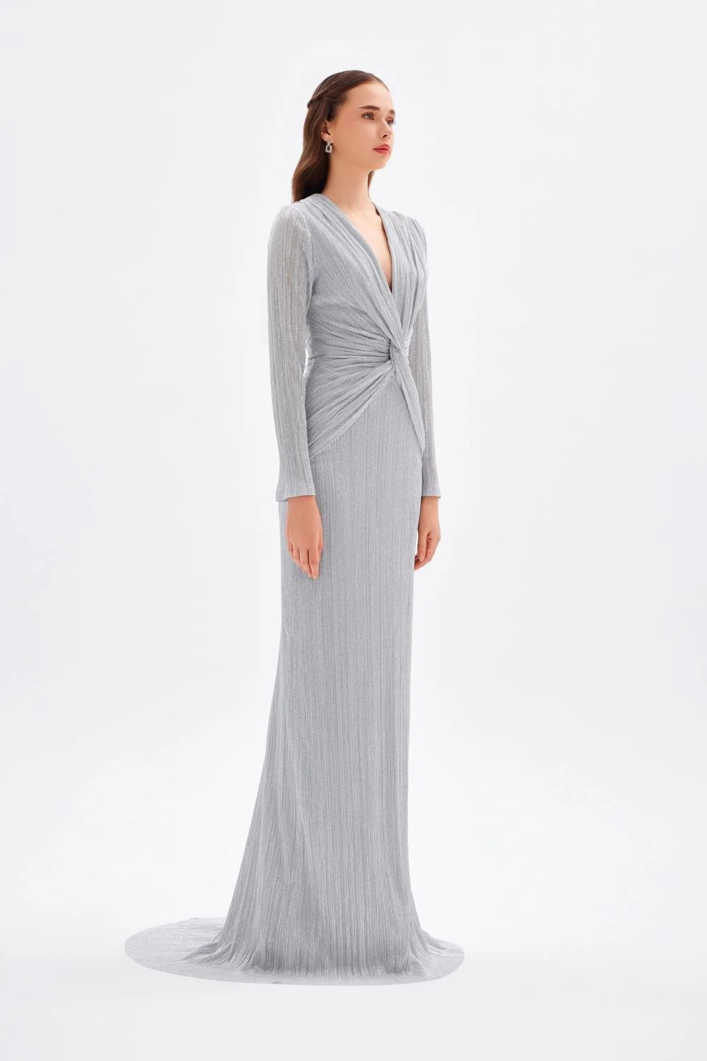 Long Glitter Evening Dress with V-Neck and Knot Detail