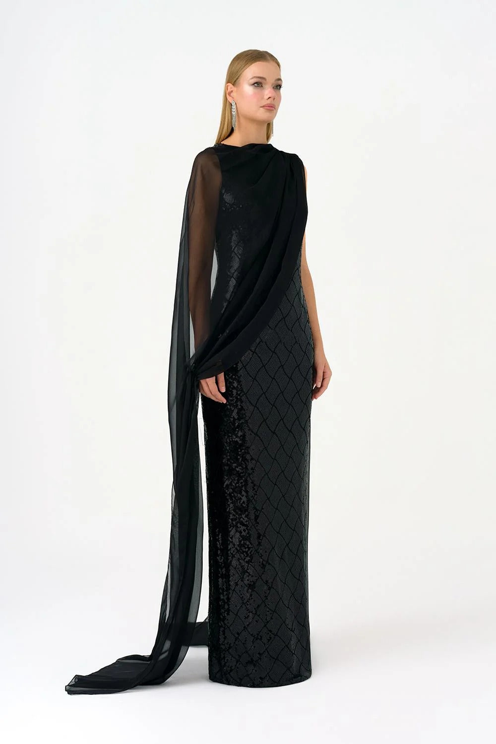 Boat Neck Long Sequin Evening Dress with Cape