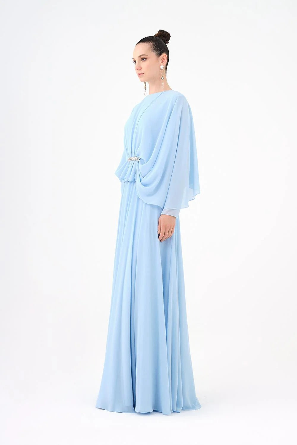 Long-Sleeve Chiffon Evening Dress with Embellished Details