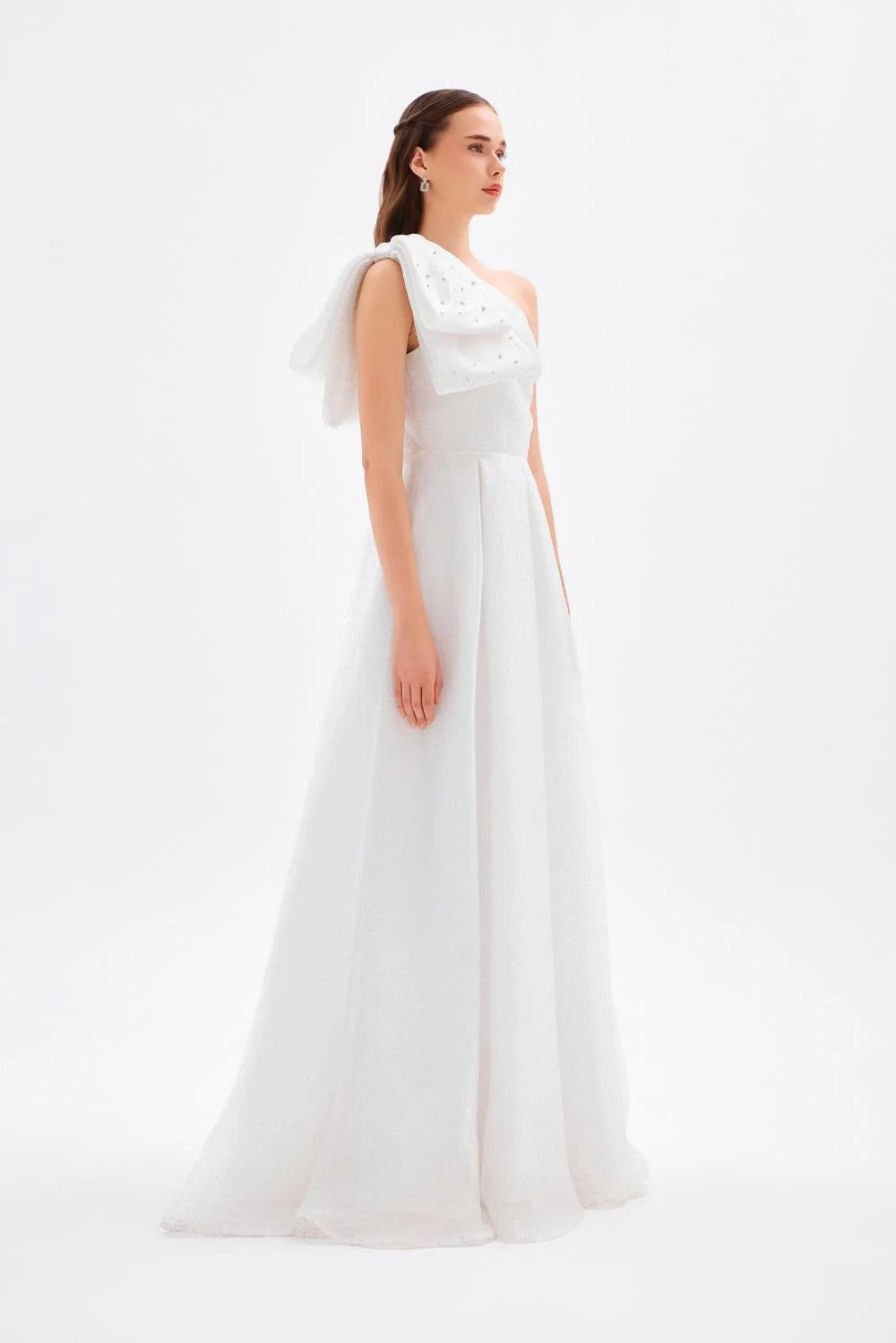 One-Shoulder Long Evening Dress with Bow Detail