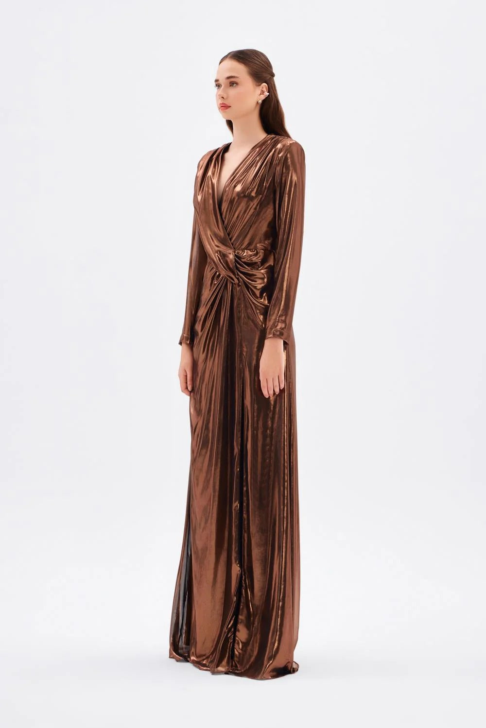 Long Sleeve V-Neck Ruched Maxi Evening Dress