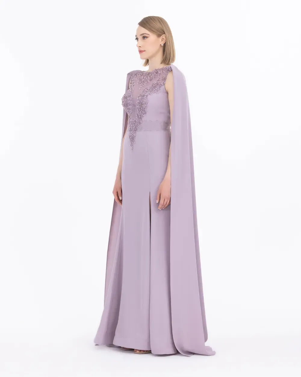 Crepe Evening Dress with Bead Accessories and Slit