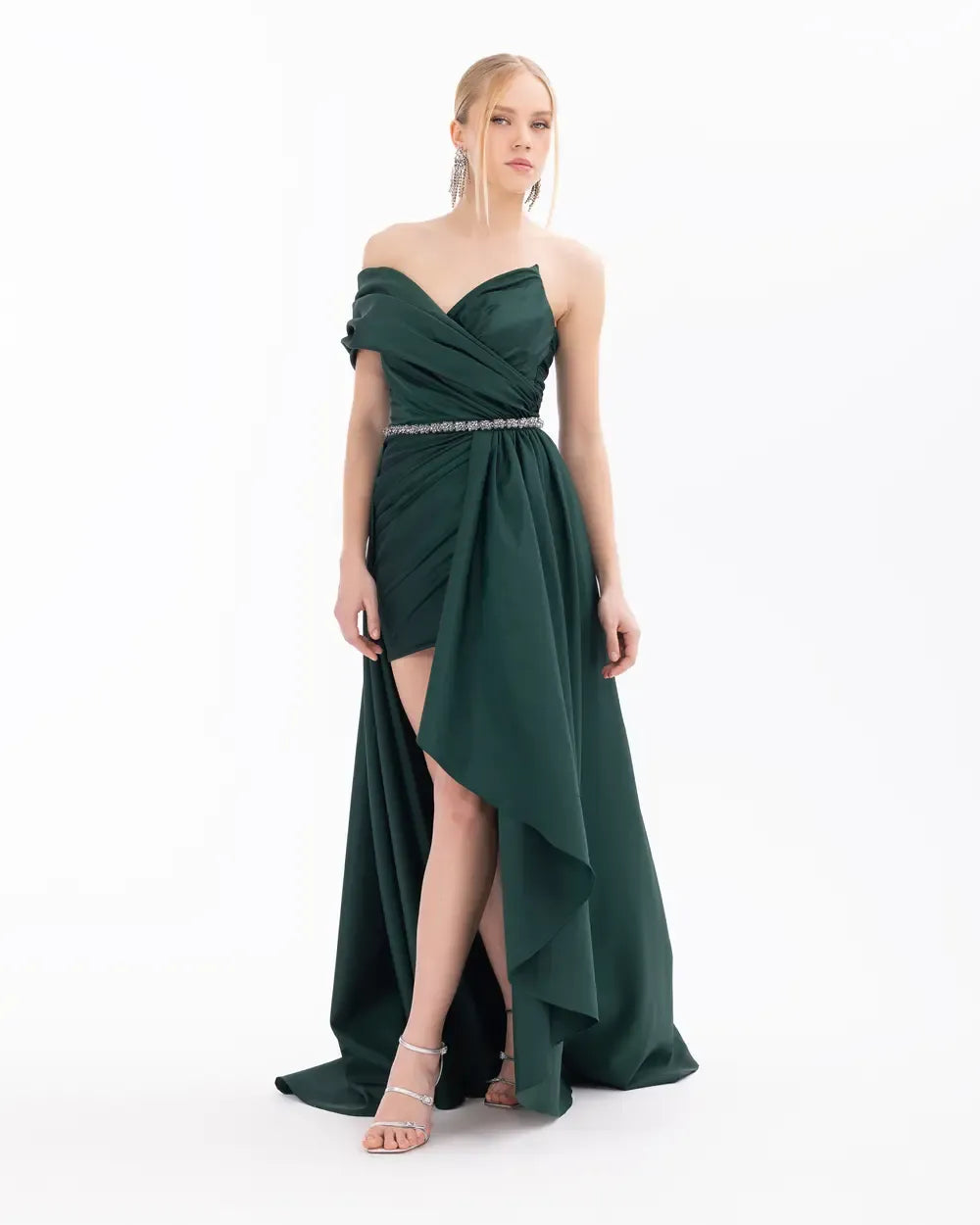 V-Neck Evening Dress with Detachable Skirt and Belt
