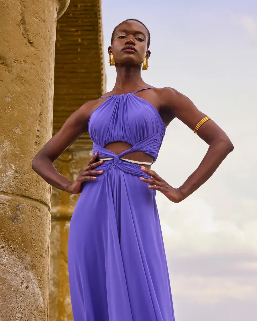 Chiffon Evening Dress with Cut-Out Detail and Bead Embroidery