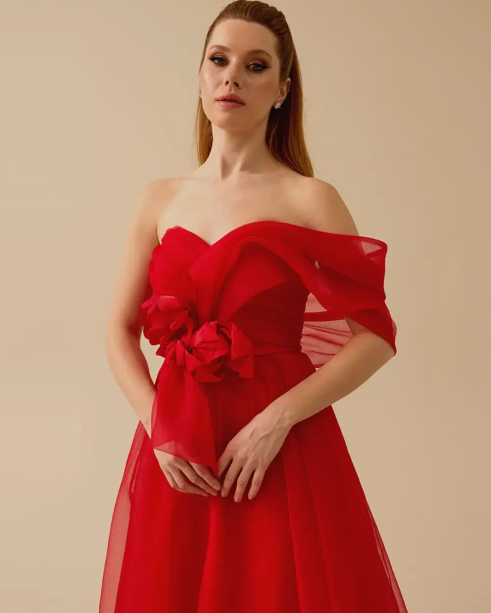 Strapless Organza Maxi Dress with Floral Appliqué & Slit – Red