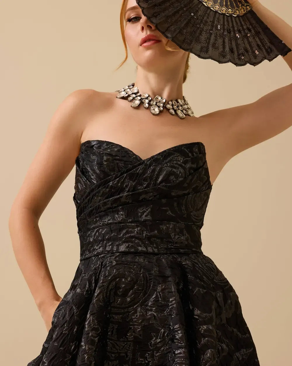 Strapless Jacquard Evening Dress with Pockets