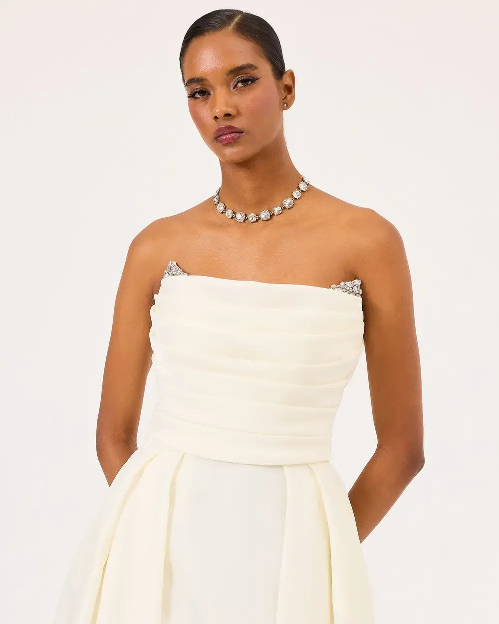 Organza Evening Dress with Bead Detail and Pleated Skirt