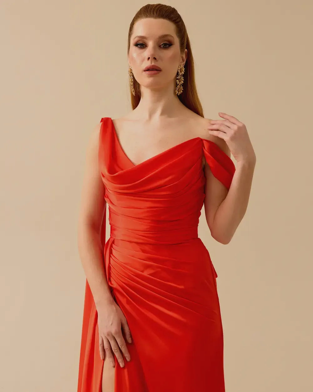 Draped Satin One-Shoulder Slit Evening Gown